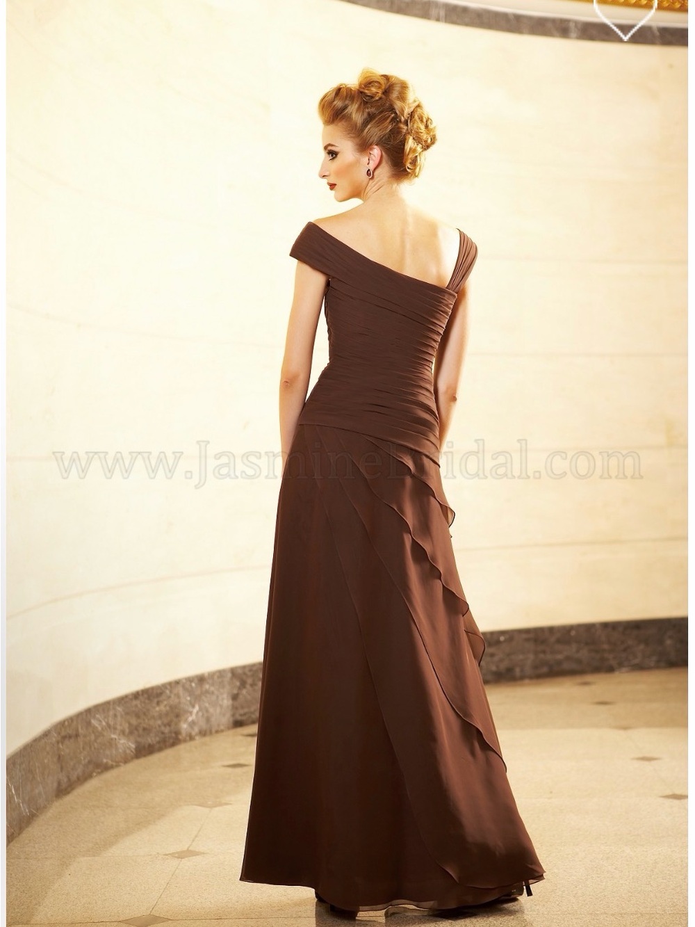 Jade by Jasmine Brown Ruched Chiffon Crystal Formal Gown Size 6